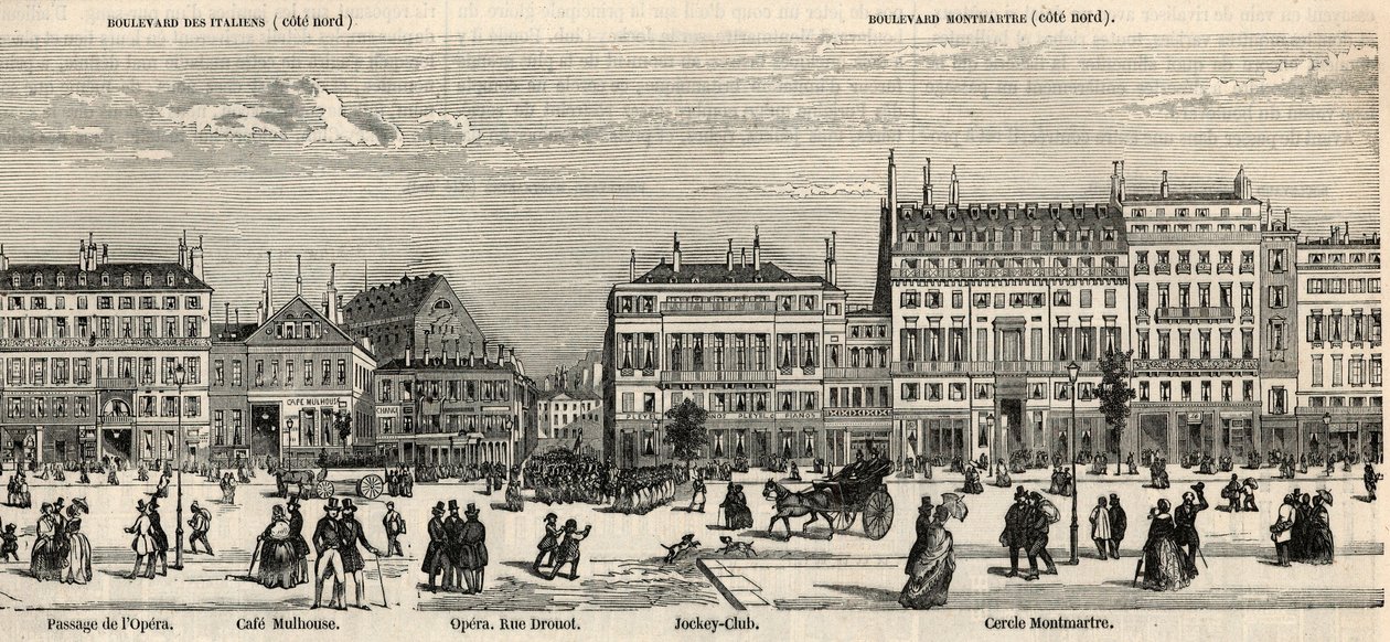Boulevard des Italiens og boulevard Montmartre - Cafe Mulhouse - Cercle Montmartre - Jockeyklub - Indgravering i "Tableau-de-Paris" af Edmond Texier 1852 - af French School