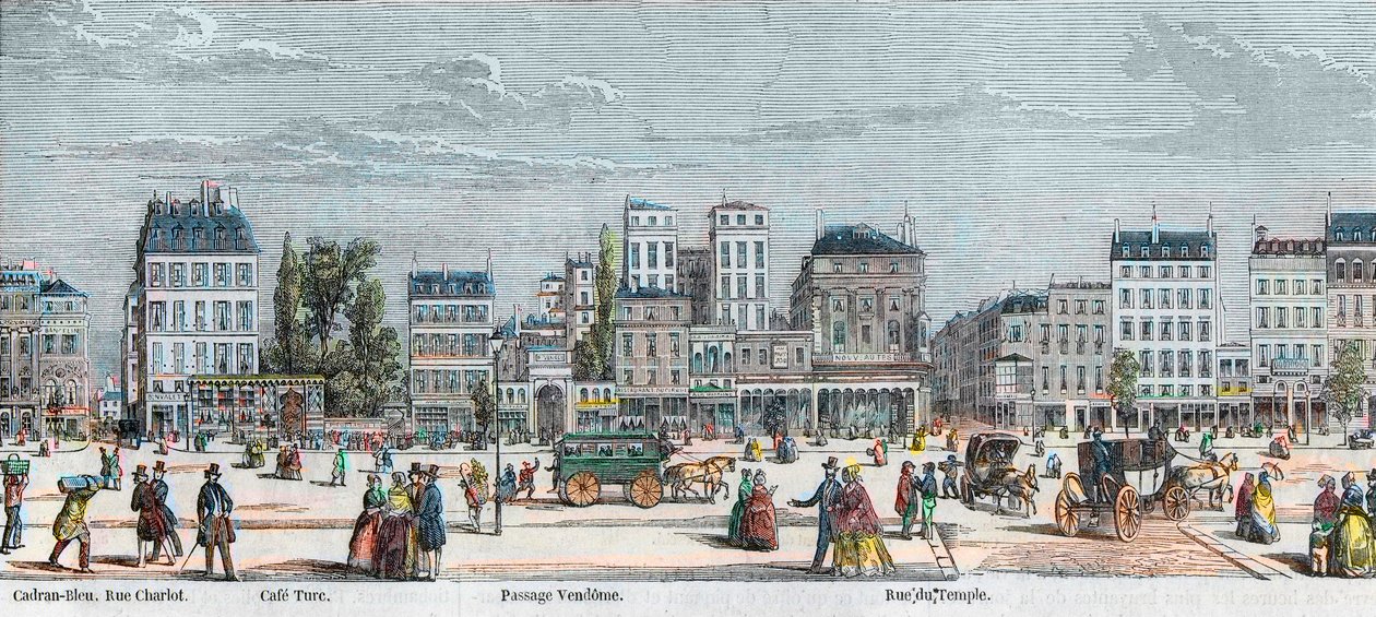Boulevard du Temple sydside - Rue Charlot - Cafe Turk - Passage Vendome - Rue du Temple - Indgravering i "Tableau-de-Paris" af Edmond Texier 1852 af French School