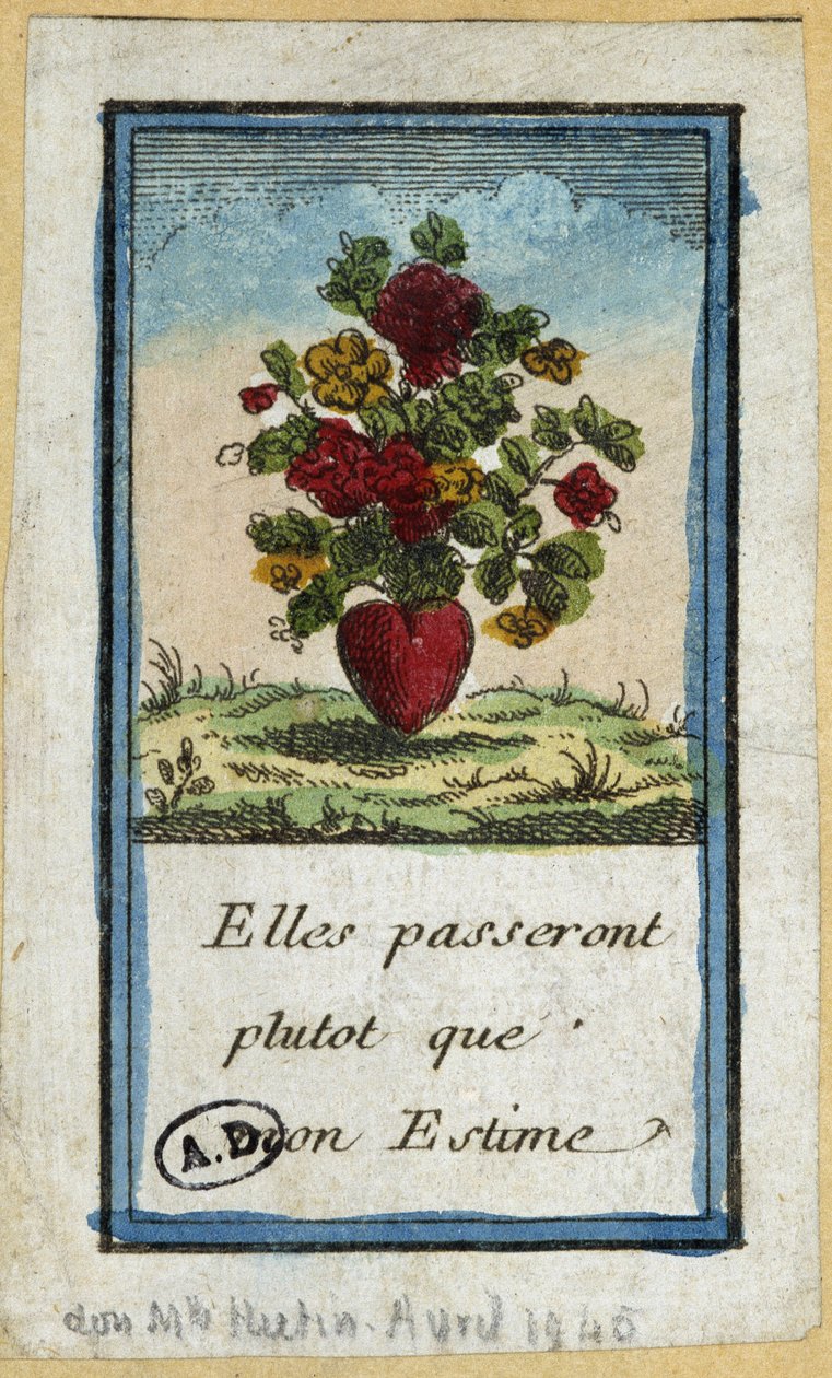 Buket blomster i et hjerte: "" De vil passere frem for min agtelse"" - gravering af French School