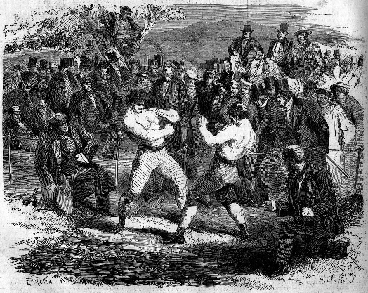 Boksekamp mellem engelske Thomas Sayers (1826-1865) og amerikanske John Carmel Heenan (1833-1873) i Aldershot, England, 17. april af French School