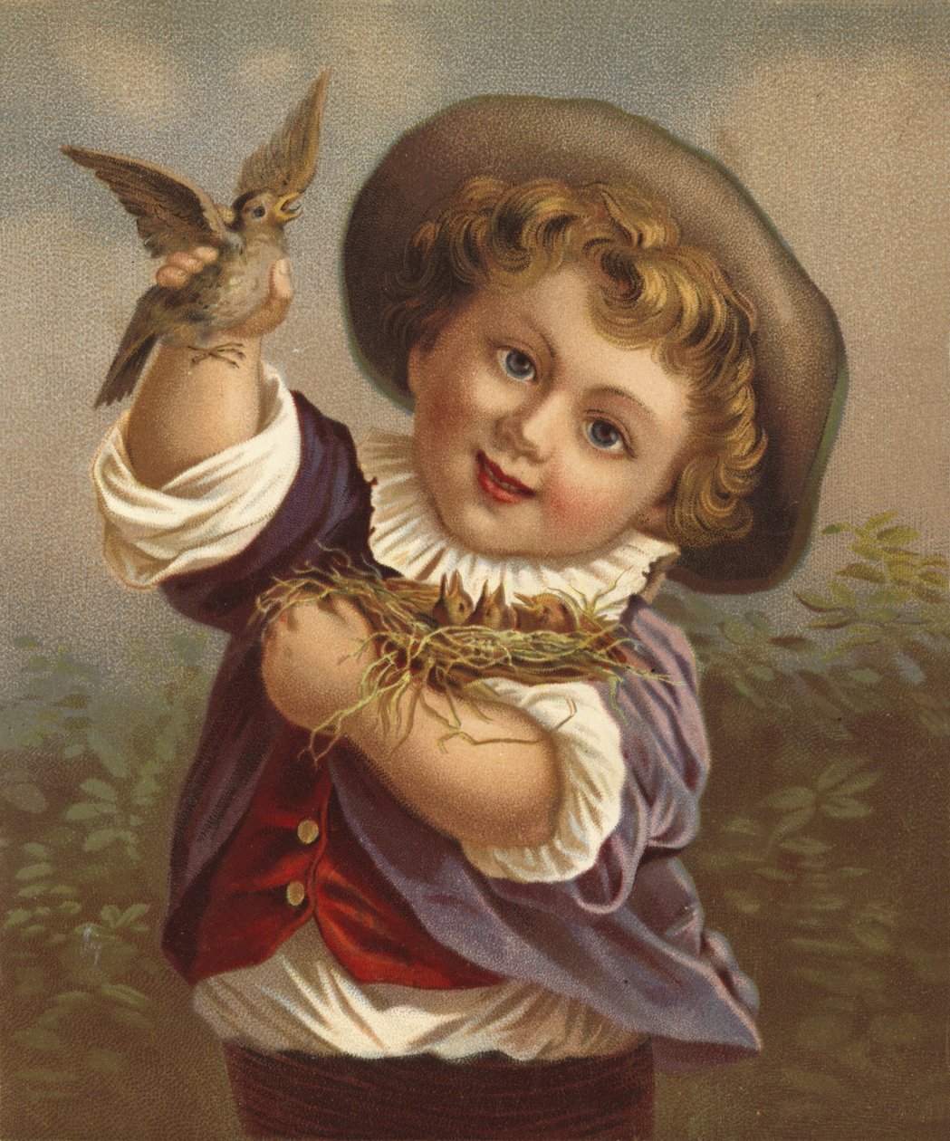 Dreng holder en fugl og fuglereden (chromolitho) af French School