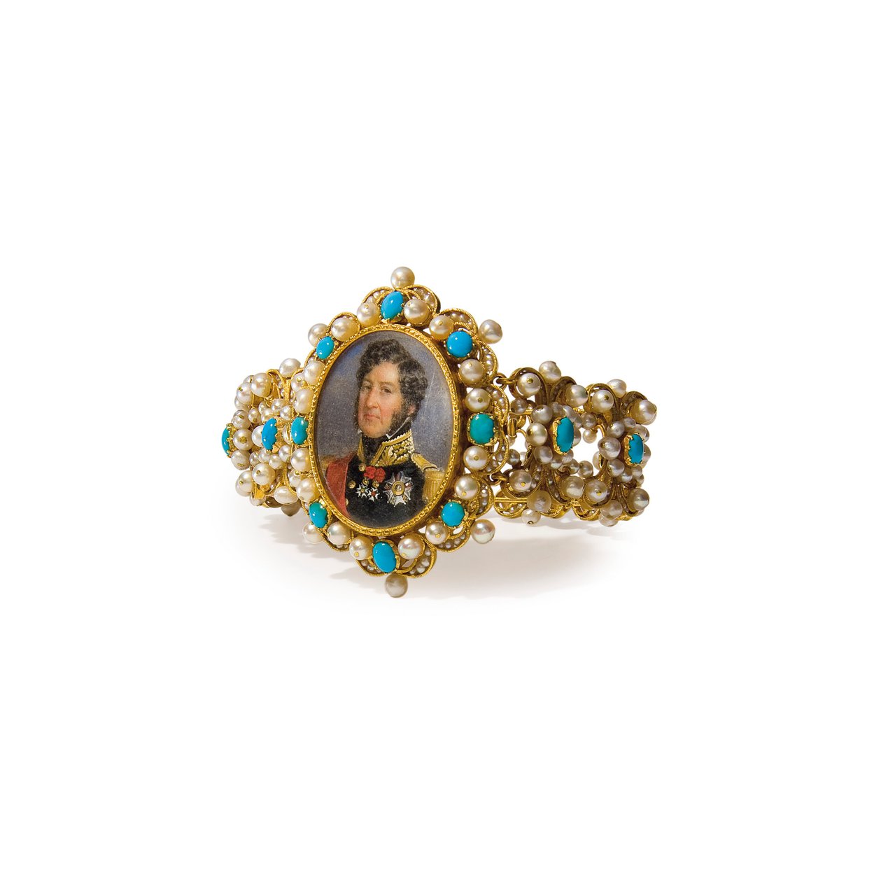 Armbånd indeholdende en miniature af Louis-Philippe I, franskmændenes konge (guld, perler, turkis og akvarel på elfenben) (se også 356598) af French School