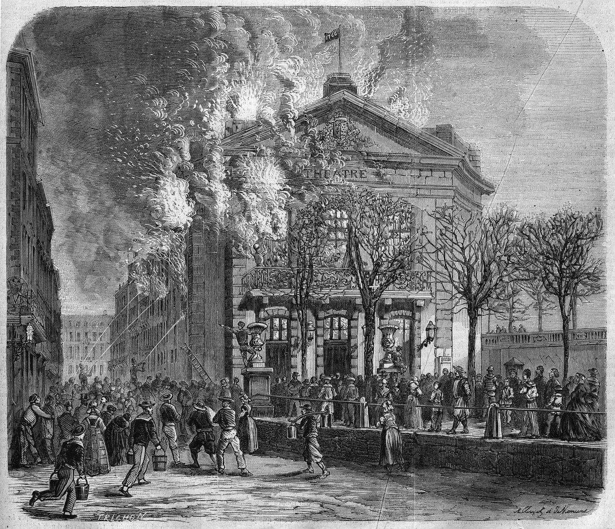 Brest, teatrets brand den 11. marts 1866, bygget i 1766 af Choquart de Lindu, gravering efter en tegning af Clerget og Moraine og efter et fotografi af Mage-brødrene, i "The Illustrated Universe"", 24/03/1866. af French School