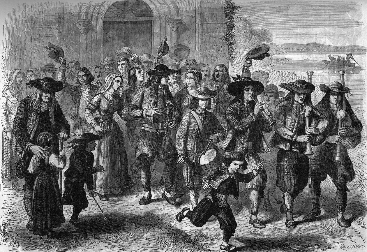 Bretonsk skik: par unge ægteskaber ved udgangen af kirken. I toppen af kortegen er spillere af biniou og tromme. Treguennec, Finistere (29) af French School