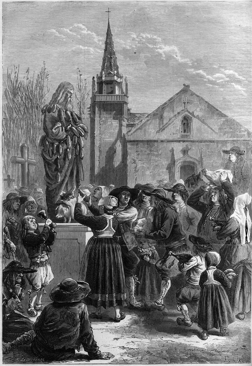 Bretonsk skik: "festar goadgennon" eller "the fete des boudins". Indbyggerne i en landsby dækker med sokker en statue af Sankt Antonius den Store (eller Sankt Antonius Eremitten eller Sankt Antonius Abbe). Nogle landmænd medbringer et grisehoved. Indgraver af French School