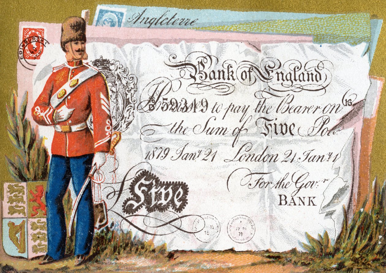 Britisk hærsoldat bevogter en Bank of England Five Pound-seddel, 1886-95 af French School