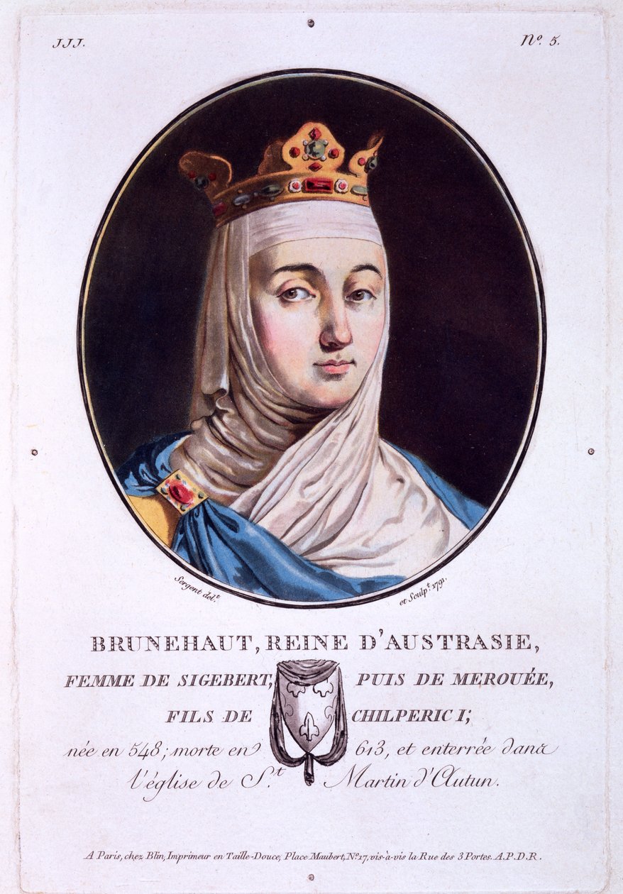 Brunhilda, Queen of Austrasia, fra Portraits of Great Men, Illustrious Women, and Mindeable Subjects of France, udgivet 1787-92 af French School