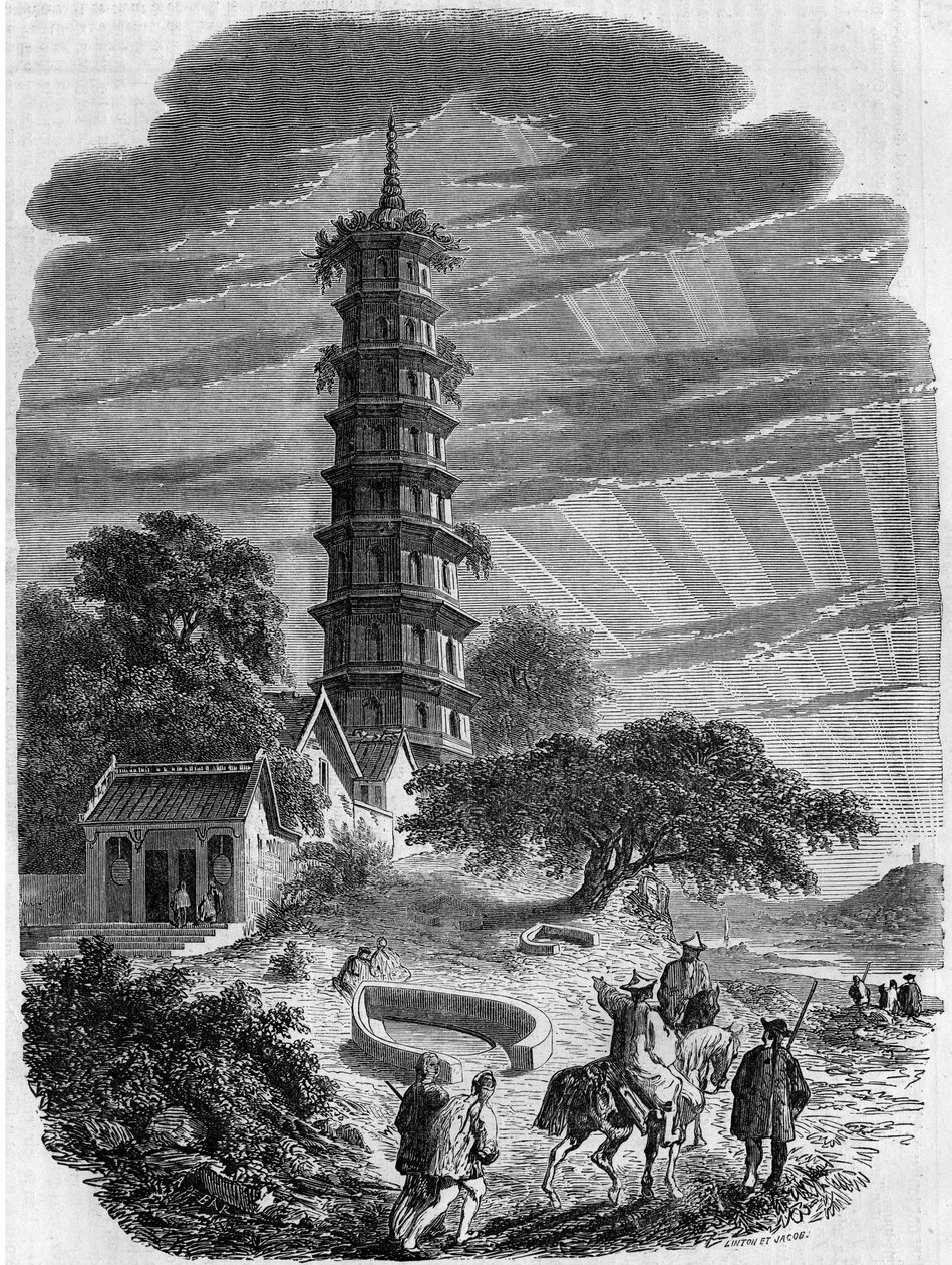 Buddhistisk arkitektur: udvendig udsigt over den ottekantede pagode på Whampoa Island, Kina af French School