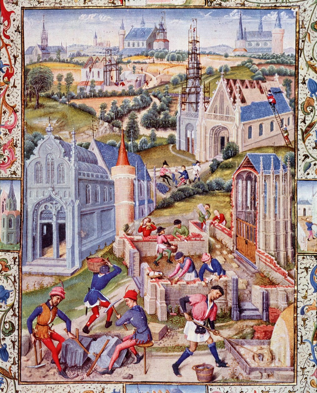 Byggepladser i Saint Denis (by) til opførelsen af 12 kirker til ære for de 12 apotrer. Miniature taget fra "Livet af Tres Noble Count Gerard de Roussillon" af French School