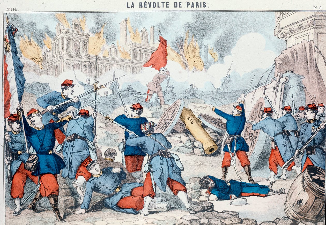 Kommunardernes afbrænding og ødelæggelse af rådhuset i Paris, maj 1871 (Epinal print) af French School