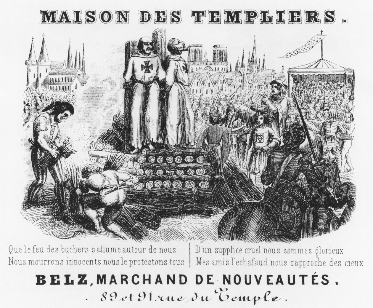 Afbrænding af tempelriddere, seddeloverskrift på en gardinbutik, Maison des Templiers, Belz, rue du Temple, Paris, ca. 1840 af French School