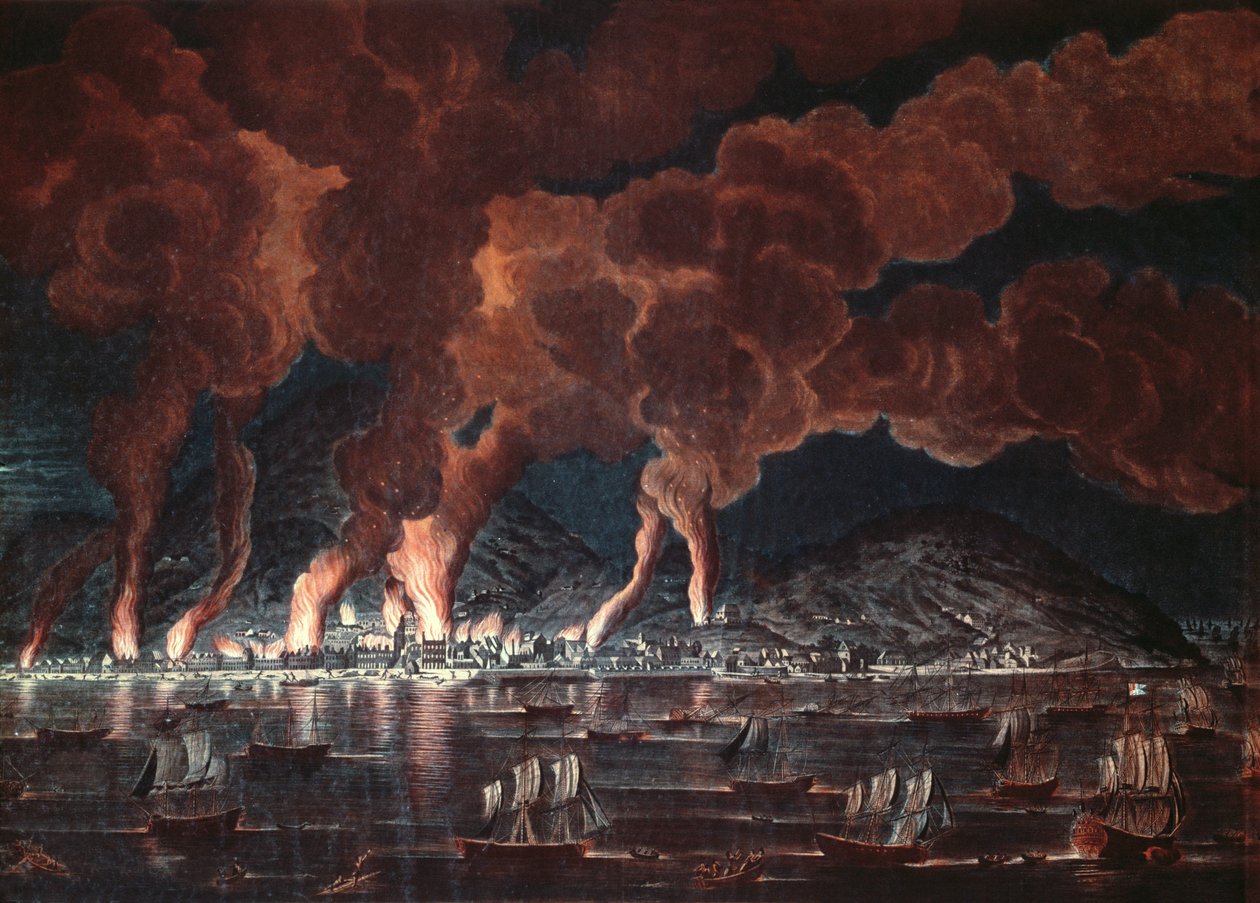 Afbrænding af byen Cap-Francais, Saint-Domingue (Haiti), 1795 (farvegravering) af French School