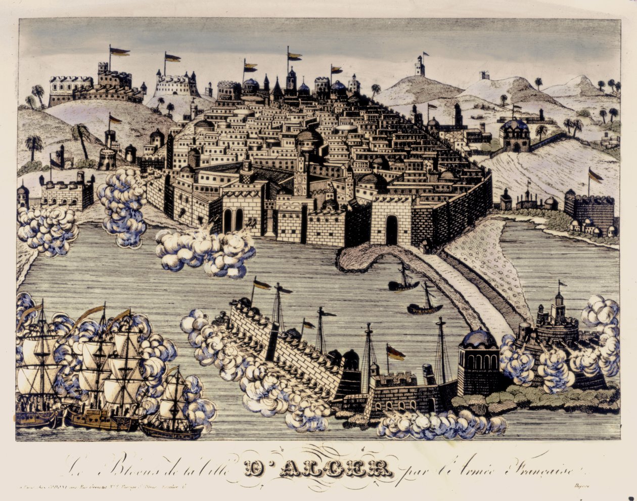 KOLONIALISME: Den franske hærs blokade af byen Algier. 1830 (farvestik) af French School