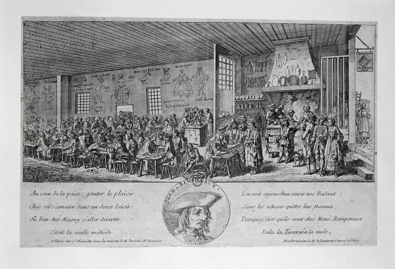 Cabaret du Tambour Royal af Jean Ramponneau (1724-1802), gravering. Frankrig af French School