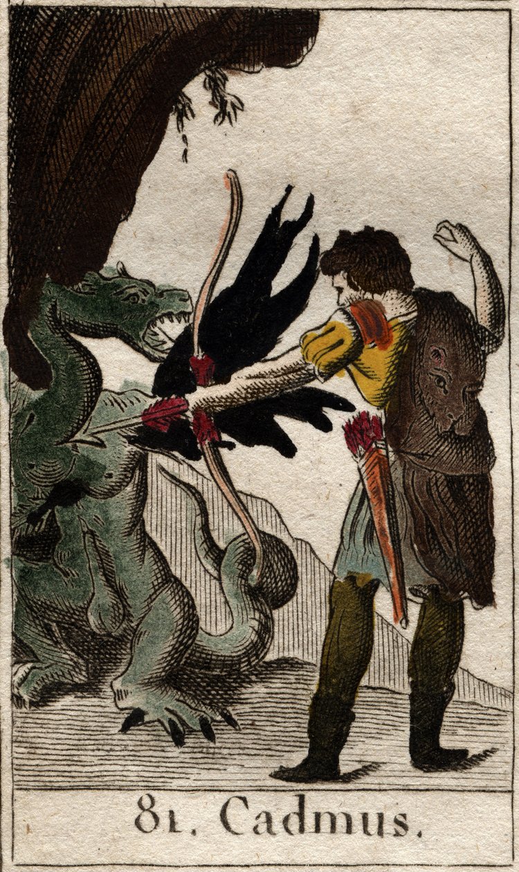 Cadmos (Kadmos eller Cadmus) dræber dragen (Cadmus kæmper mod dragen). Fra "Mythology of Youth" af Pierre Blanchard 1803. af French School