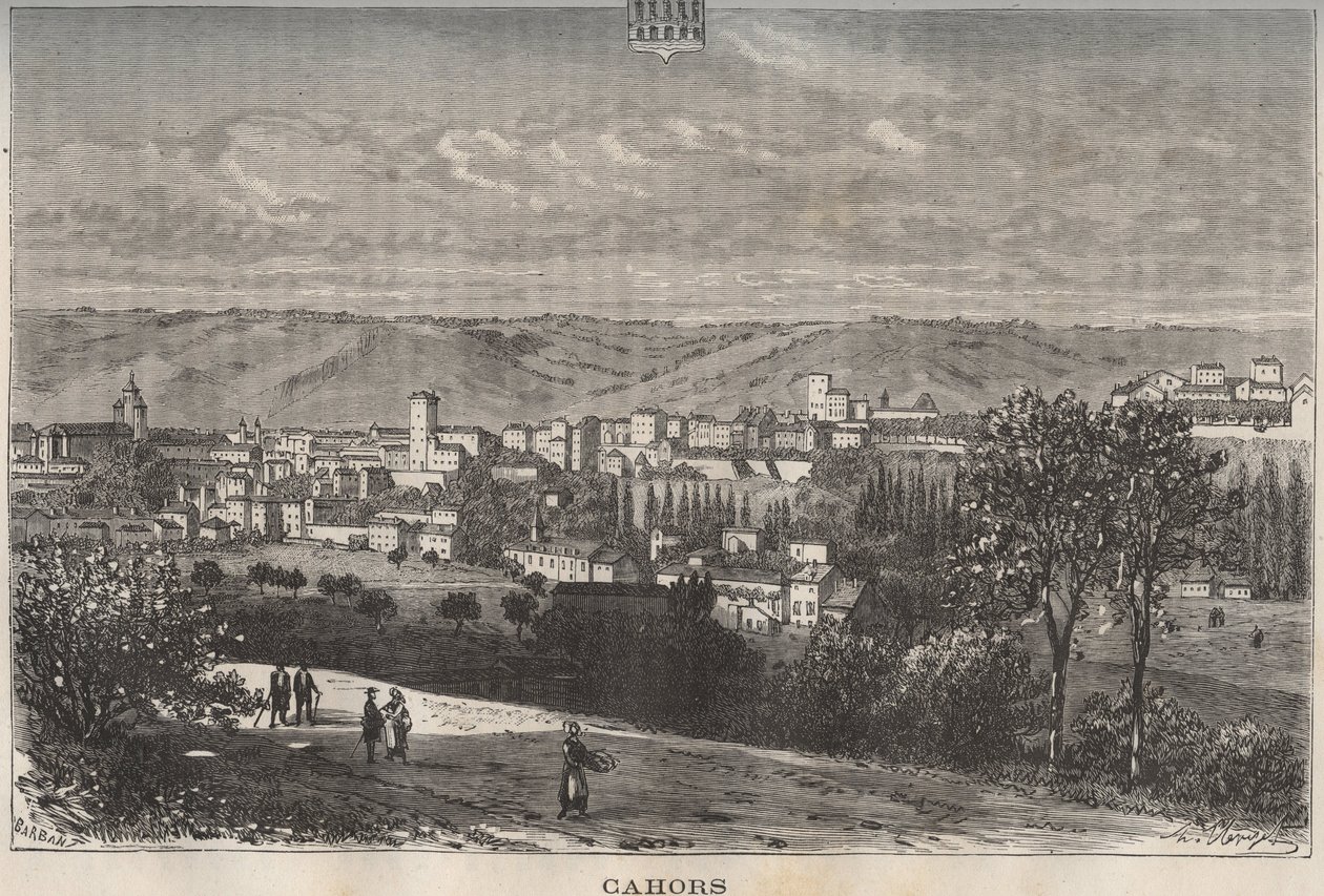 Cahors - Lot - Midi-Pyrénées - indgravering i "La France illustrée: geografi, historie, statistisk administration" af V.A. Malt-Brown. 1884 af French School