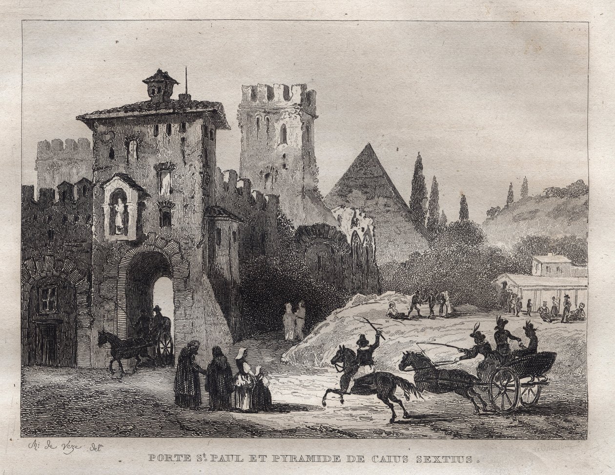 Caius Cestus-pyramiden og St. Paul-porten i Rom Porte Saint Paul og Caius Sextus-pyramiden i Rom - Indgravering fra "" Det maleriske Italien"" - Historisk og beskrivende maleri af Italien"" af M. de Norvins, Ch. Nodier 1834-1836. af French School