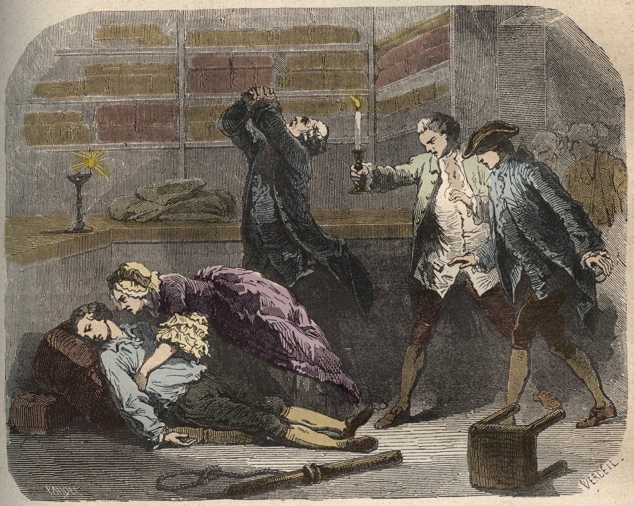 Calas-sag: den 13. oktober 1761 blev Marc Antoine Calas fundet død i familiebutikken i Toulouse - Indgravering i "Causes celebres de tous les peuples" af Armand Fouquier (1817-18?) 1858-1867 - privat samling af French School
