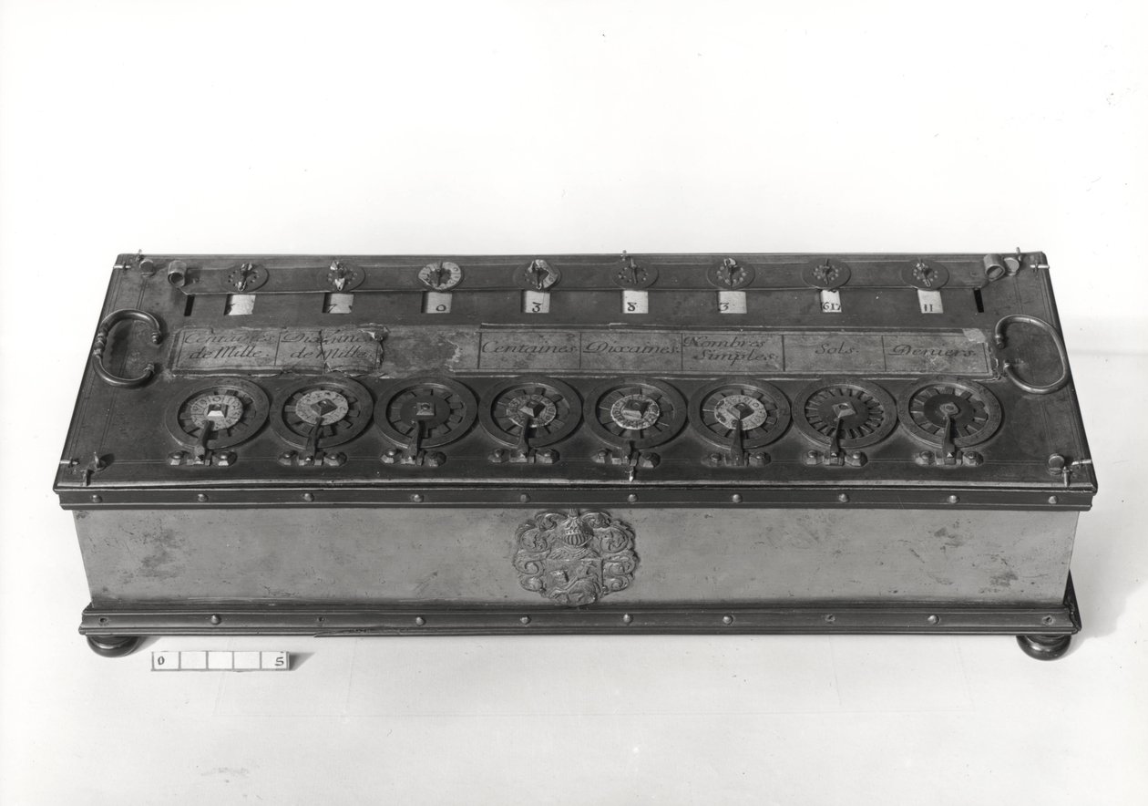 Regnemaskine opfundet af Blaise Pascal (1623-62), 1644 (metal) af French School