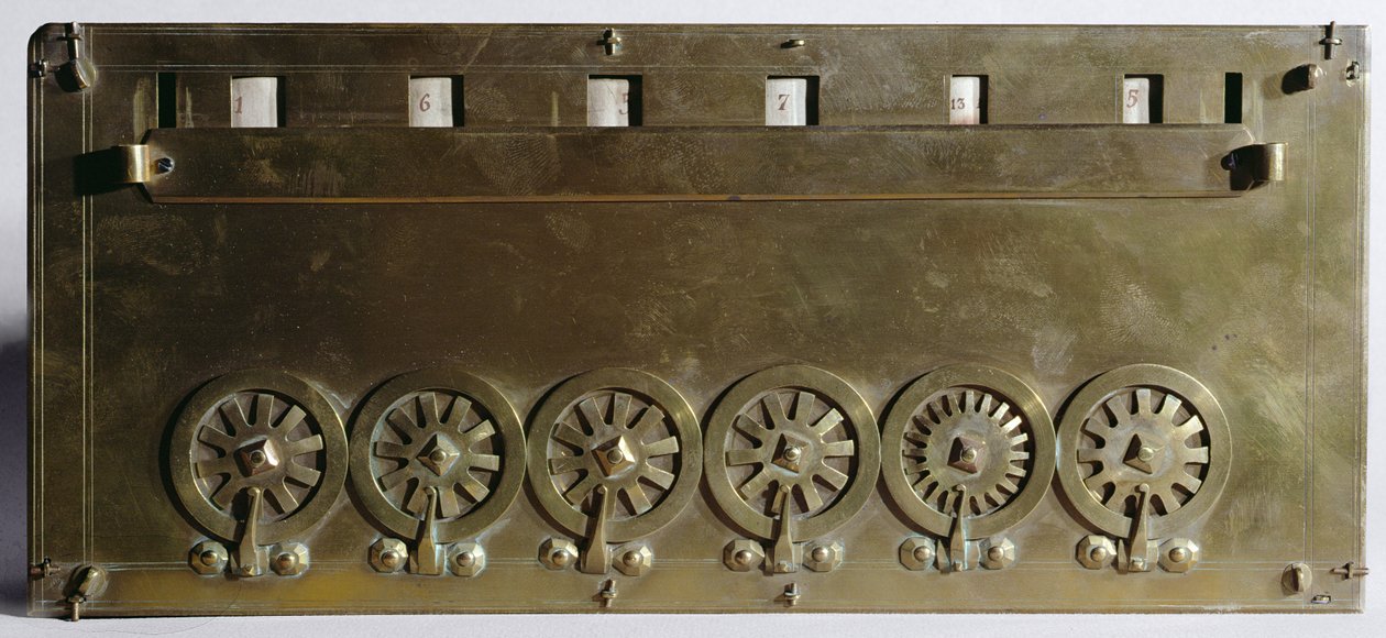 Regnemaskine opfundet af Blaise Pascal (1623-63) i 1642 (træ og metal) af French School