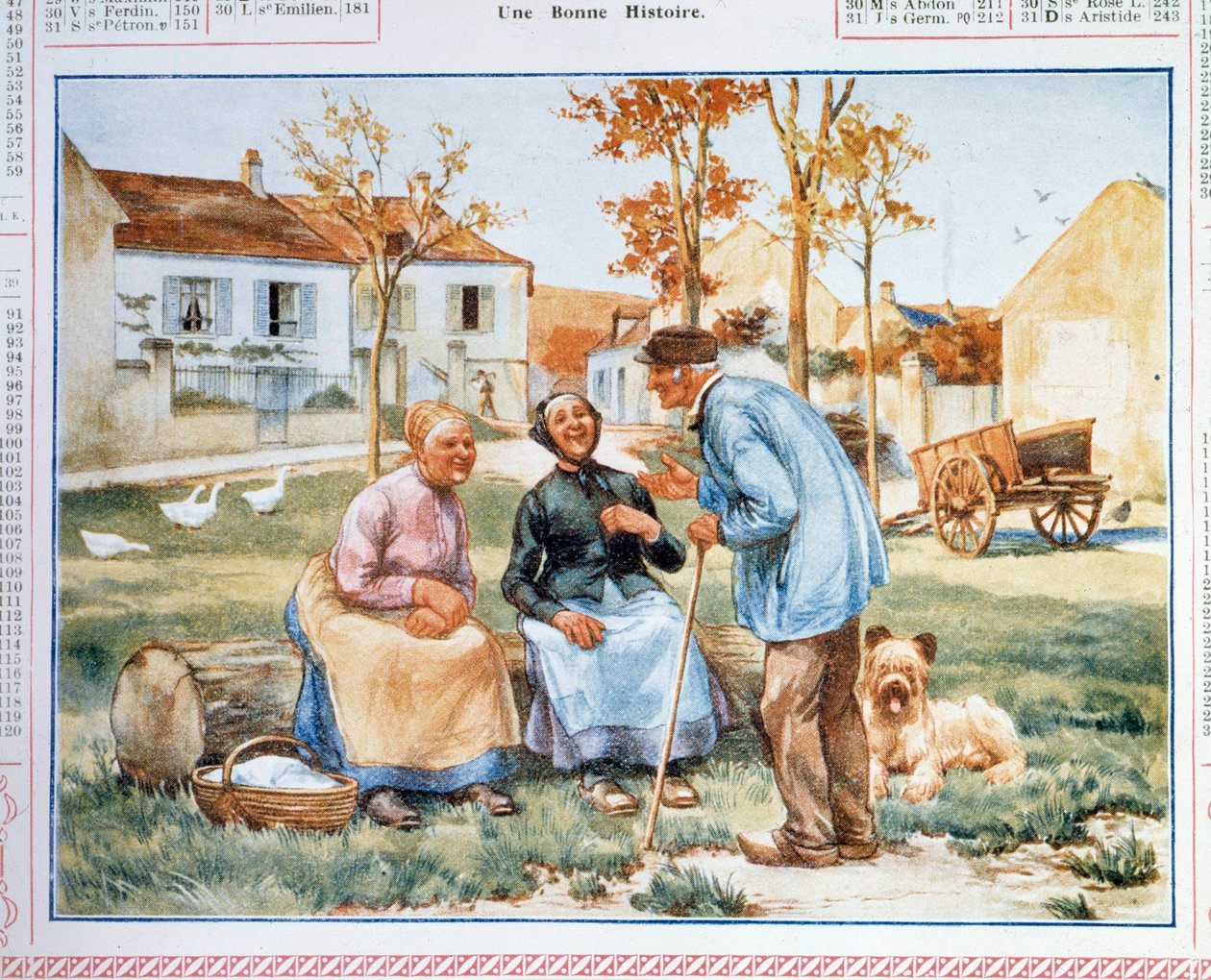 Kalender for Post og Telekommunikation (PTT) med tre bønder, der diskuterer. Det 20. århundrede af French School