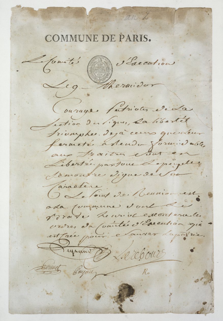 Ring fra Maximilien de Robespierre (1758-94) for at slutte sig til kommunen, 9 Thermidor An 2 (27. juli 1794) (pen og blæk på papir) af French School