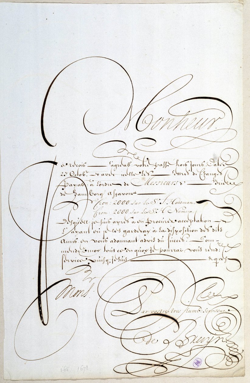 Kalligrafi: Regnskabsbrev kalligraferet omkring 1678 af Francois de Bruyn. af French School