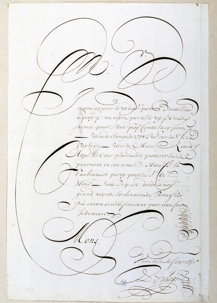 Kalligrafi: Regnskabsbrev kalligraferet omkring 1678 af Francois de Bruyn. Byens historiske bibliotek i Paris af French School