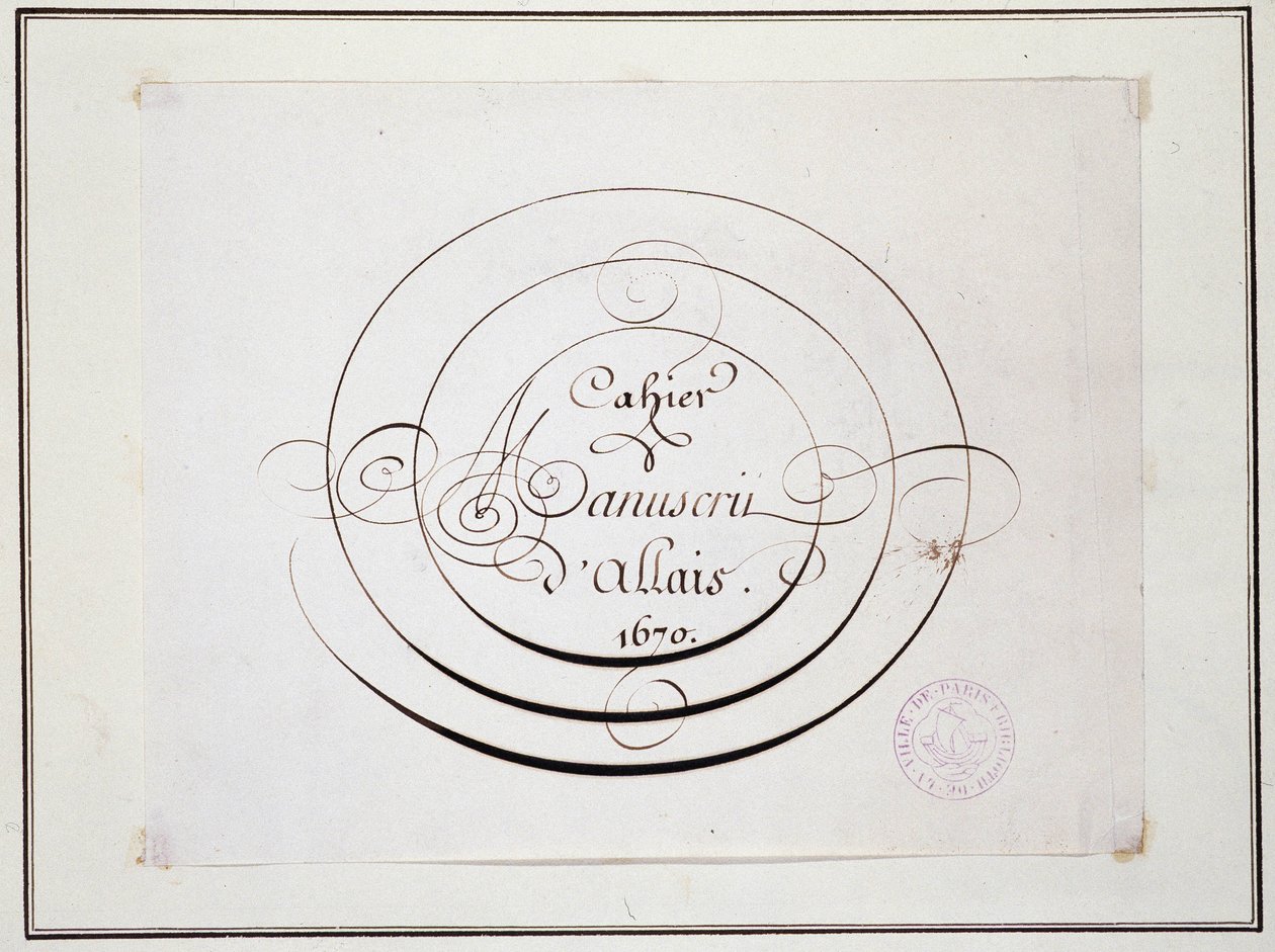 Kalligrafi: Manuskriptstykke dateret 1670 af Jean Baptiste Alais de Beaulieu fils, "" Alais manuskriptnotesbog af French School