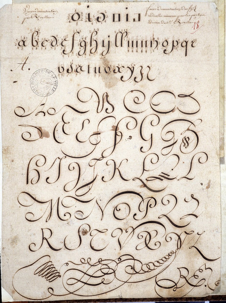 Kalligrafi: Manuskriptstykke af rund på velin prydet med arabesker omkring 1813 af Sebastien Royllet. Historisk bibliotek i Paris City af French School