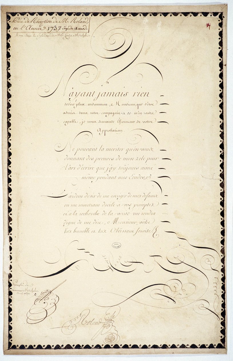 Kalligrafi: Receptionsstykke dateret 1737 af Andre Francois Roland. af French School