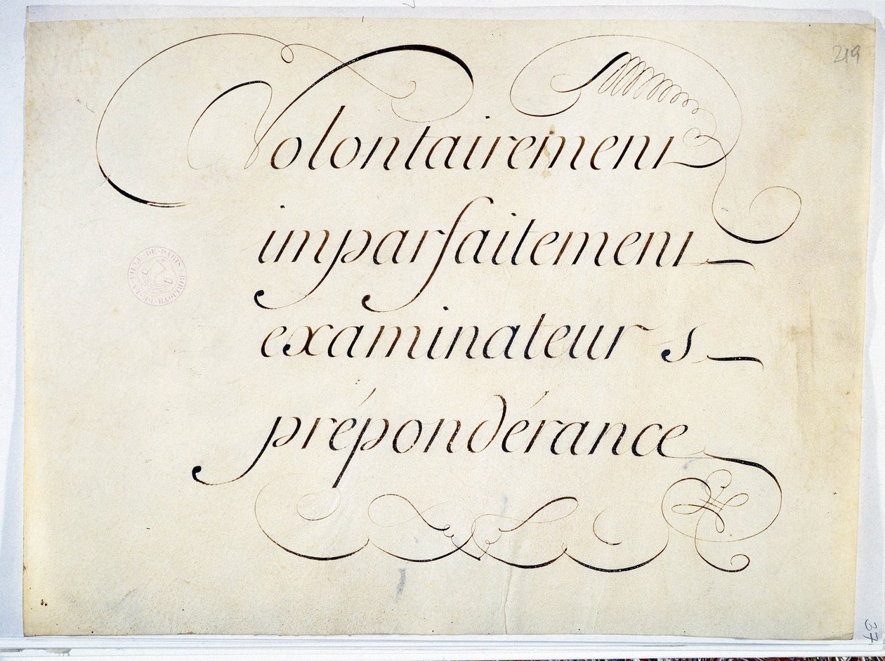Kalligrafi: manuskriptværk omkring 1670 af Andre Francois Roland. "forsætligt, ufuldkomment, eksaminatorer, overvægt"". af French School