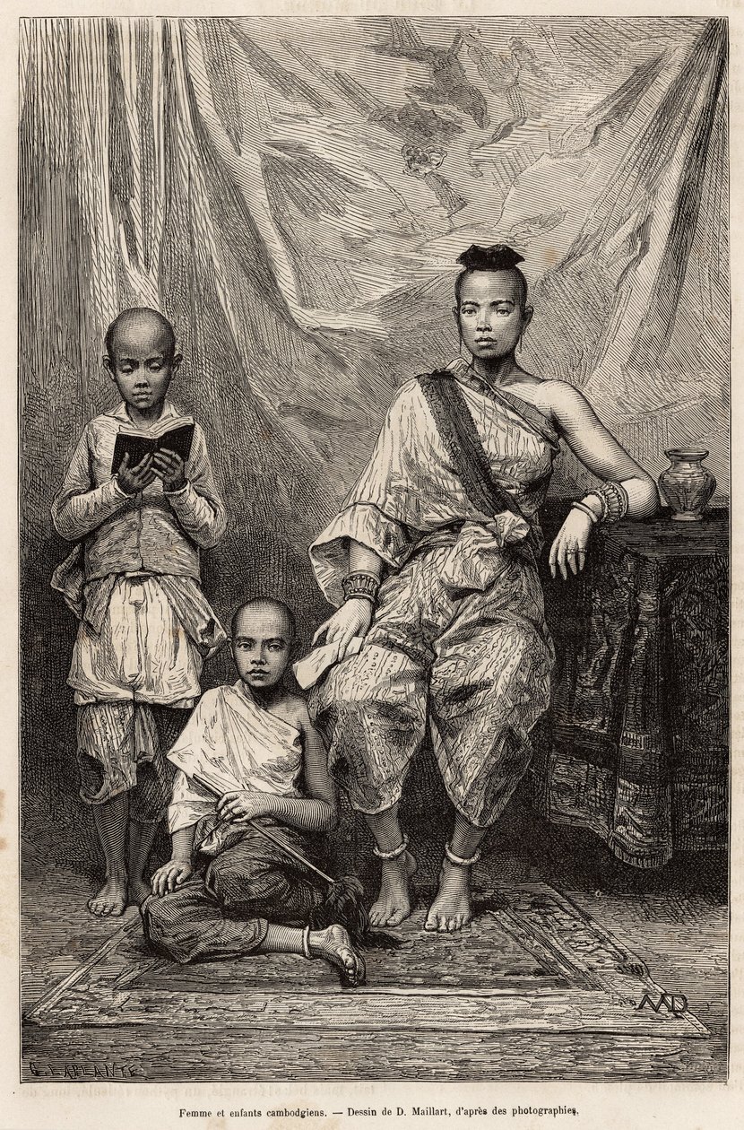 Cambodjansk kvinde og børn, indgravering efter en tegning af D. Maillart, der illustrerer rejsen til Cochinchine, af Doktor Morice, i 1872, udgivet i "" Le tour du monde""" 1875, redigeret af Edouard Charton, Hachette-udgaven, Paris. Selva samling. af French School