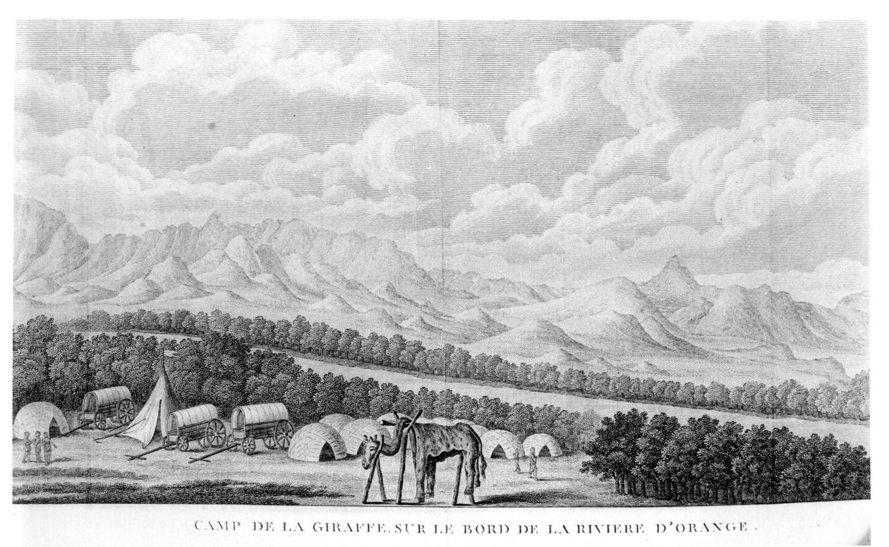 Camp Giraffe ved bredden af Orange-floden, fra bind 2 af Second Voyage dans linterieur de lAfrique af Francois Le Vaillant (1753-1824) udgivet 1796 af French School