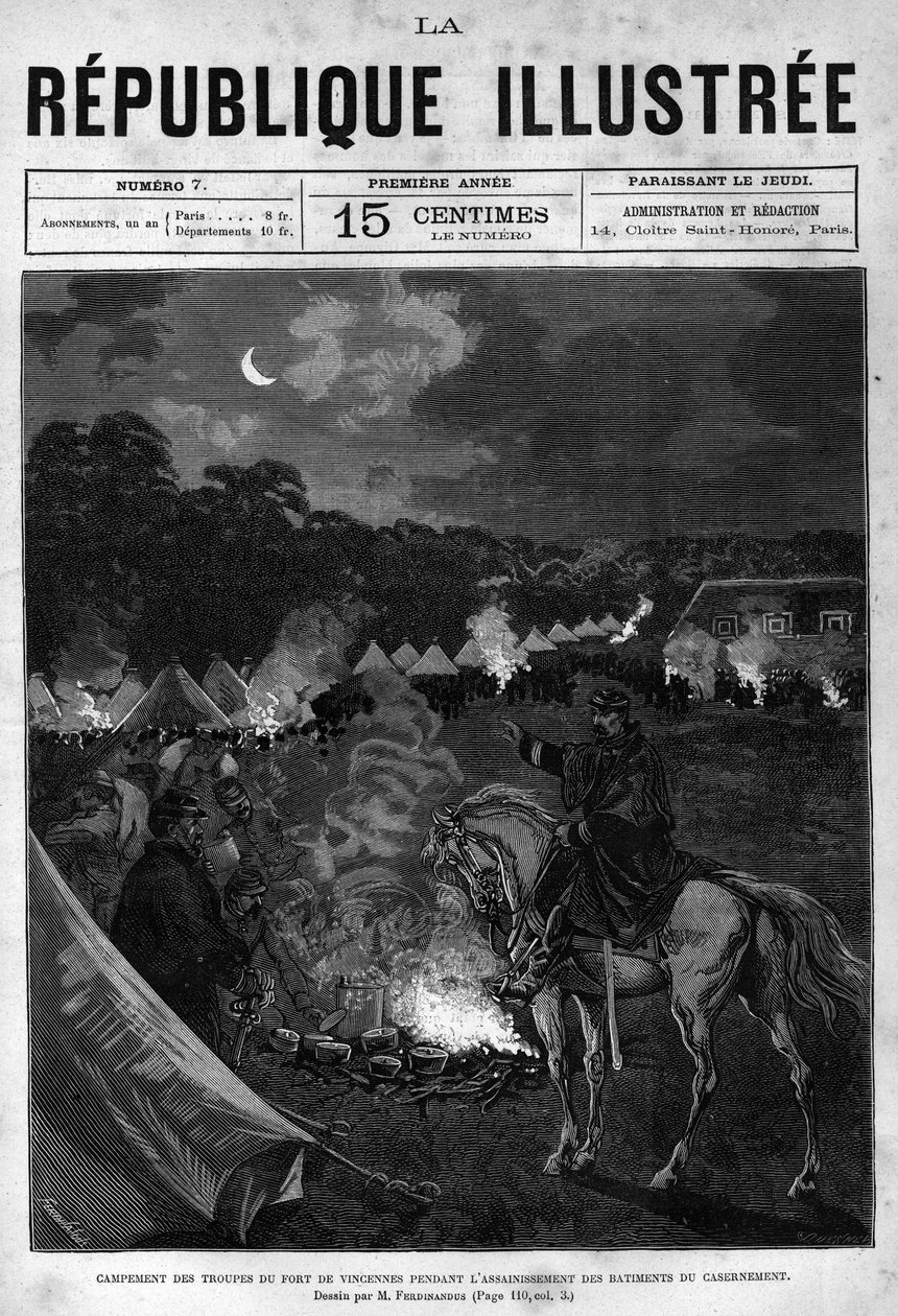 Lejr for tropperne i Fort de Vincennes under oprydningen af kvarterbygningerne. En avis. Indgravering fra 1880 i "La republique illustree"" privatsamling. af French School