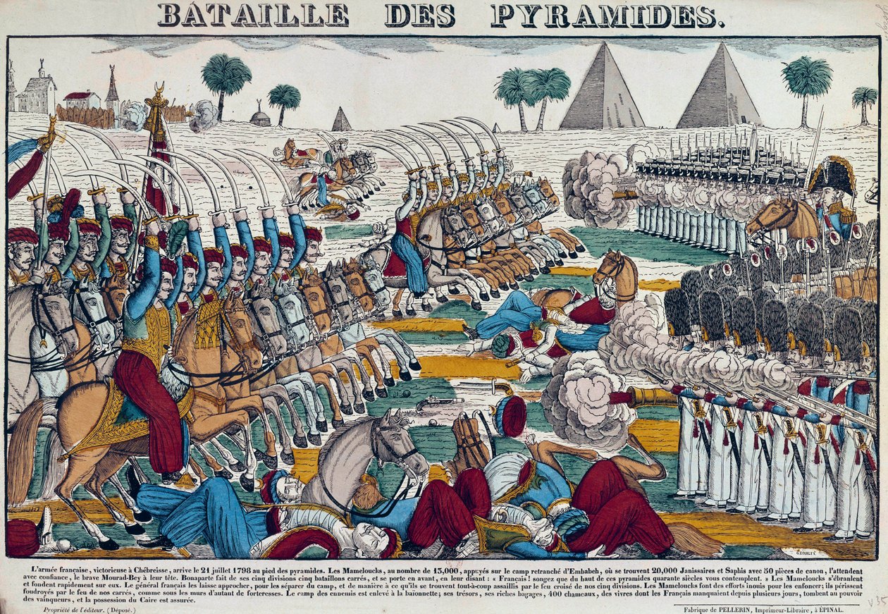 Kampagne (Ekspedition) af Egypten (1798-1801): Slaget ved Egypten den 21/07/1798. Indgravering af det 19. århundrede. af French School