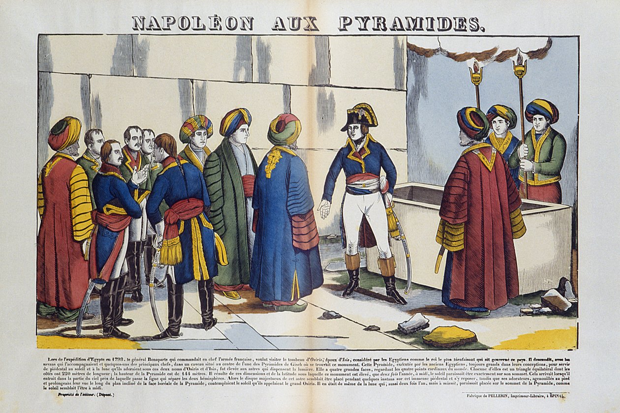 Kampagne (Ekspedition) af Egypten (1798-1801): Bonaparte Napoleon til Egyptens pyramiderne i 1799. Billede af Epinal af French School