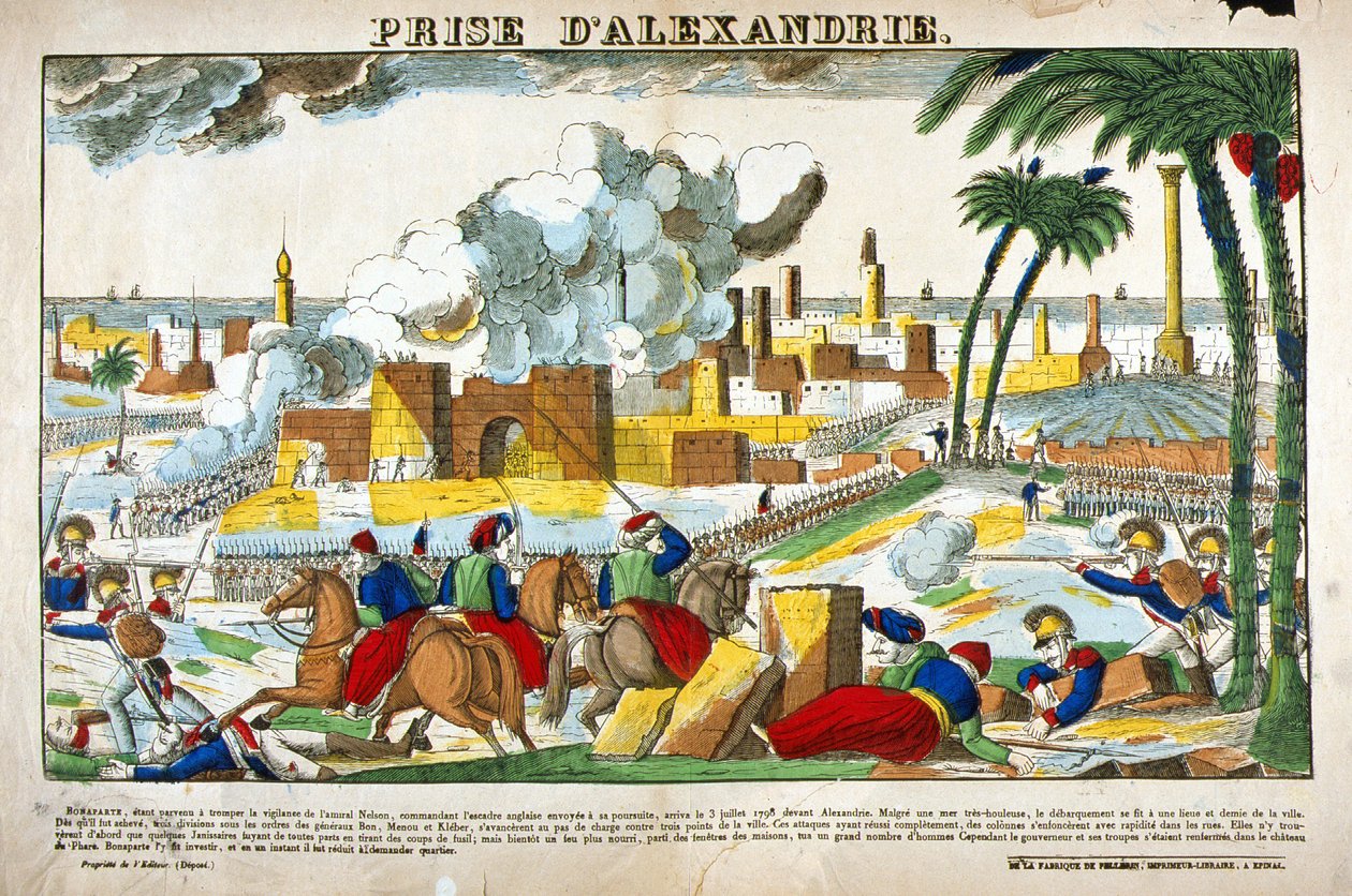 Kampagne (Ekspedition) af Egypten (1798-1801): Tilfangetagelse af Alexandria af Napoleon Bonapartes tropper i juli 1798. Billede af Epinal af French School