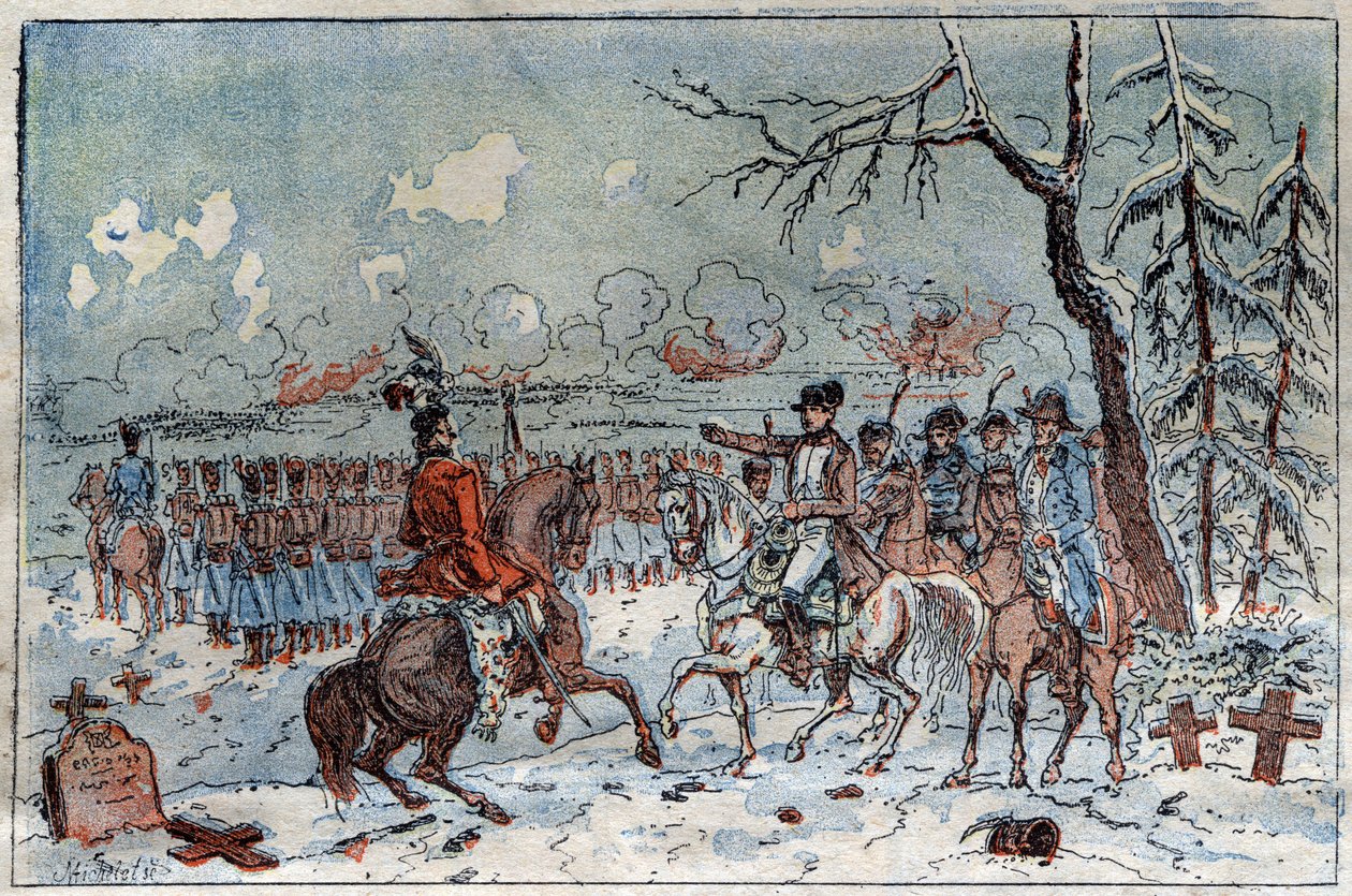 Preussens og Polens kampagne (1806-1807): "" Napoleon I (1769-1821) på slagmarken ved Eylau den 08/02/1807 beordrede Murat til at afvise det russiske kavaleri. Indgravering af det 19. århundrede. af French School