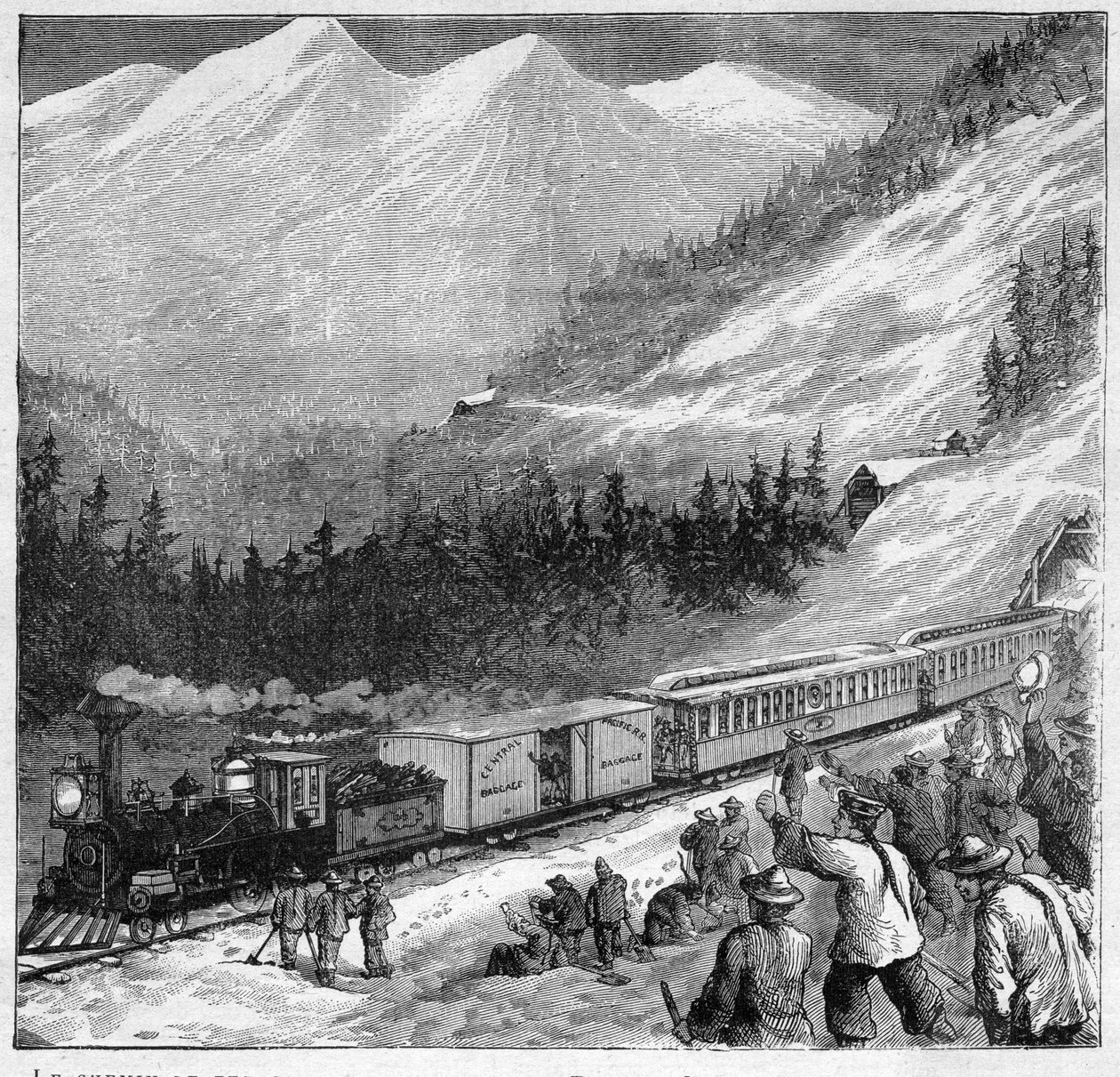 Canadian Pacific Railway i 1888 - Canadian Pacific Railway - Passage af et tog i Sierra Nevada - Indgravering i "" Journal des Voyages"" 1888 af French School