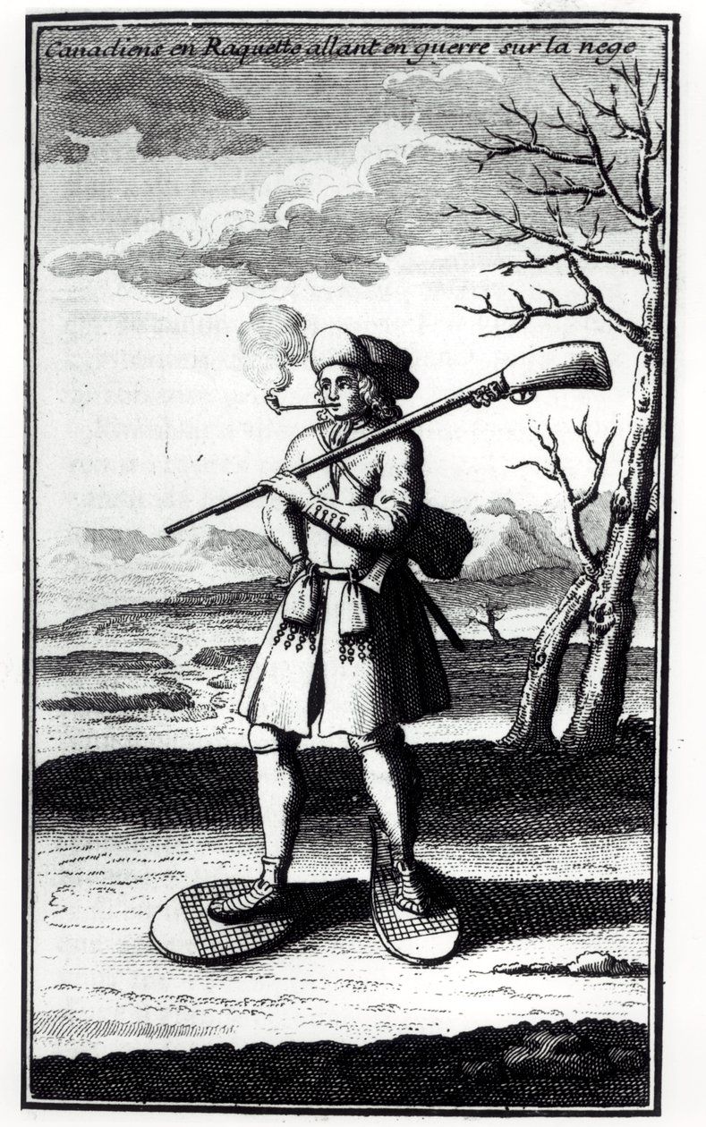 Canadisk med snesko, der går i krig mod sneen, fra Histoire de lAmerique septentrionale af Bacqueville de La Potherie (1663-1736) udgivet i 1753 af French School