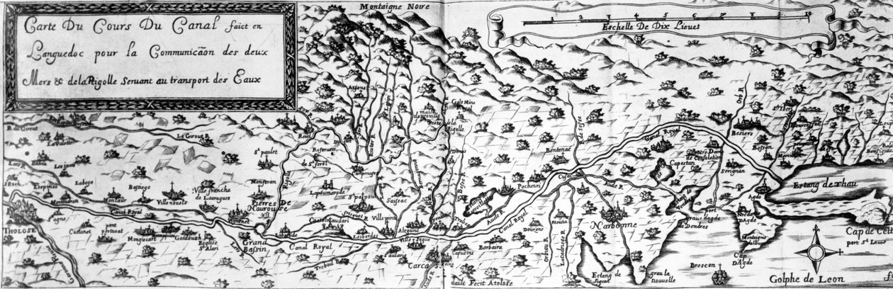 Canal du Midi, der forbinder Atlanterhavet med Middelhavet, begynder ved Toulouse og slutter, efter Agde, ved Etang de Thau (bw-foto af 17. århundredes gravering) af French School
