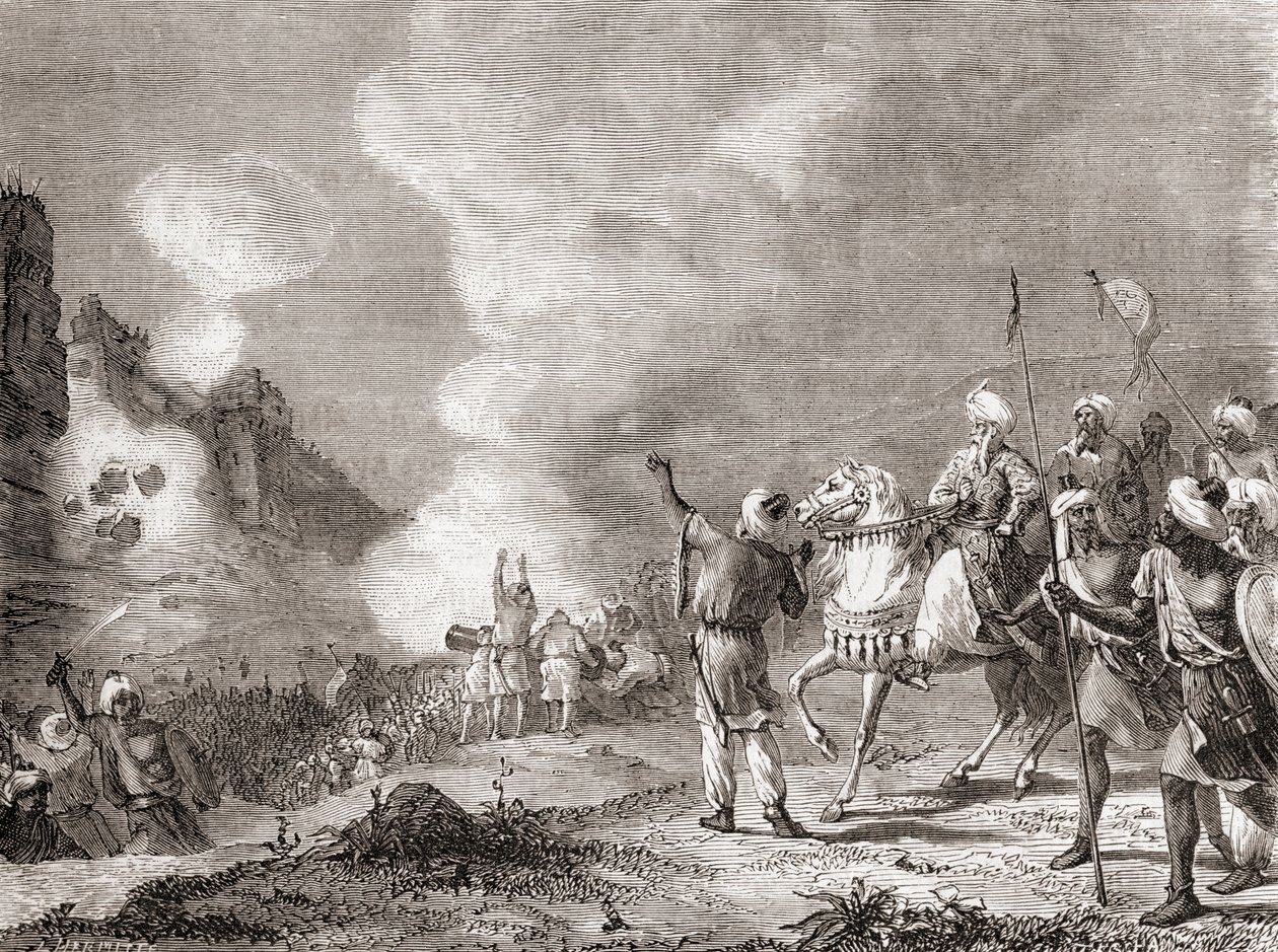 Kanoner brugt som belejringsmaskiner af sultanen Abu Yaqub Yusuf ved belejringen af Sijilmasa, Marokko i 1274, fra Les Merveilles de la Science, udgivet ca. 1870 (kobberstik) af French School