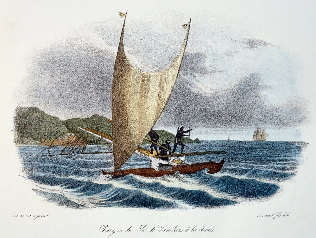Kano med sejl fra Vanikoro-øerne, Salomonøerne (øgruppen), farvegravering fra Astrolabiets opdagelsesrejse udført på ordre fra kongen i årene 1826-1829 af Jules-Sebastien-Cesar Dumont d