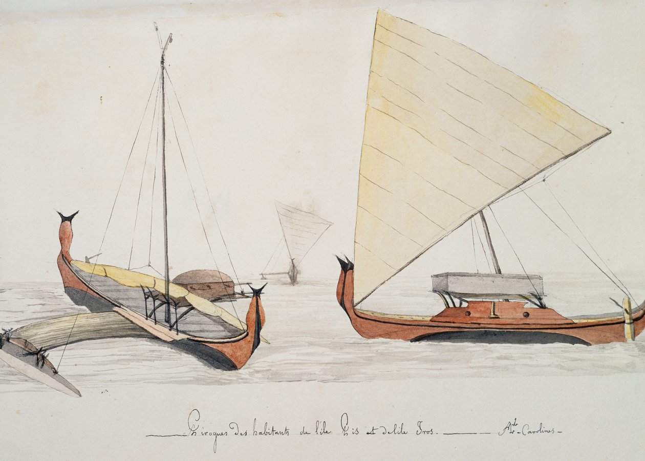 Kanoer af indbyggere på Pis- og Iros-øerne (Caroline-øerne), akvarelmaleri af Jules-Louis Lejeune, fra Duperrey