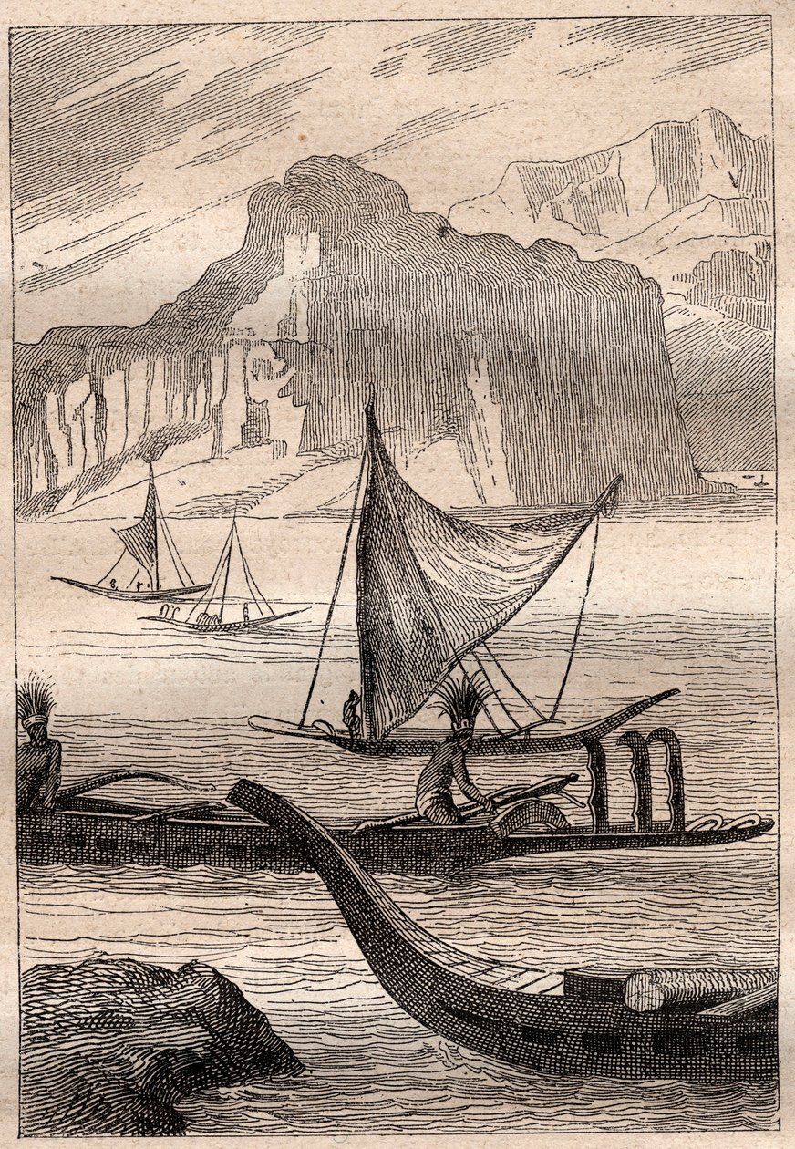 Kanoer fra Marquises-øerne - illustration taget fra "The Great Mariners of the 18th century"" af French School