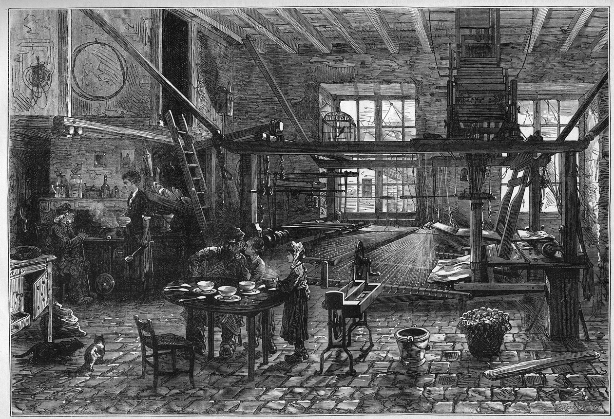 Canut værksted. Interiør af et silkevæverværksted i Lyon under en krise i slutningen af det 19. århundrede. Indgravering i "" Le Monde Illustré"" nr. 1039 af 10. marts 1877. af French School