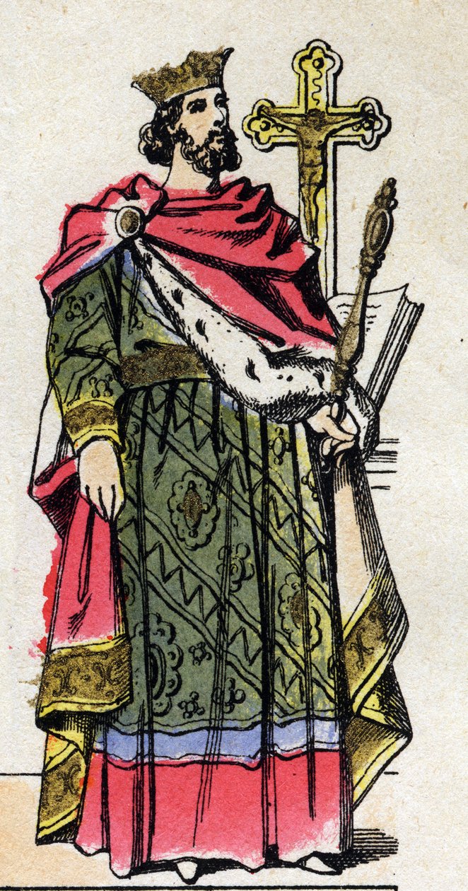Capetian Dynasty: Portræt af Robert II den fromme (972-1031), kongen af frankerne fra 996 til 1031. Epinal billeddannelse fra slutningen af det 19. århundrede. Privat samling. af French School