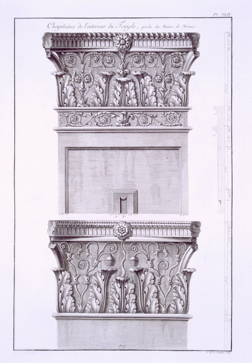 Hovedstæder fra templet nær de romerske bade, Nimes. af French School