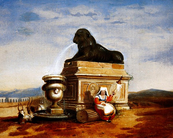 Capriccio af romerske levn med en italiensk bondekone, der spinder, ca. 1825 (olie på tavle) af French School